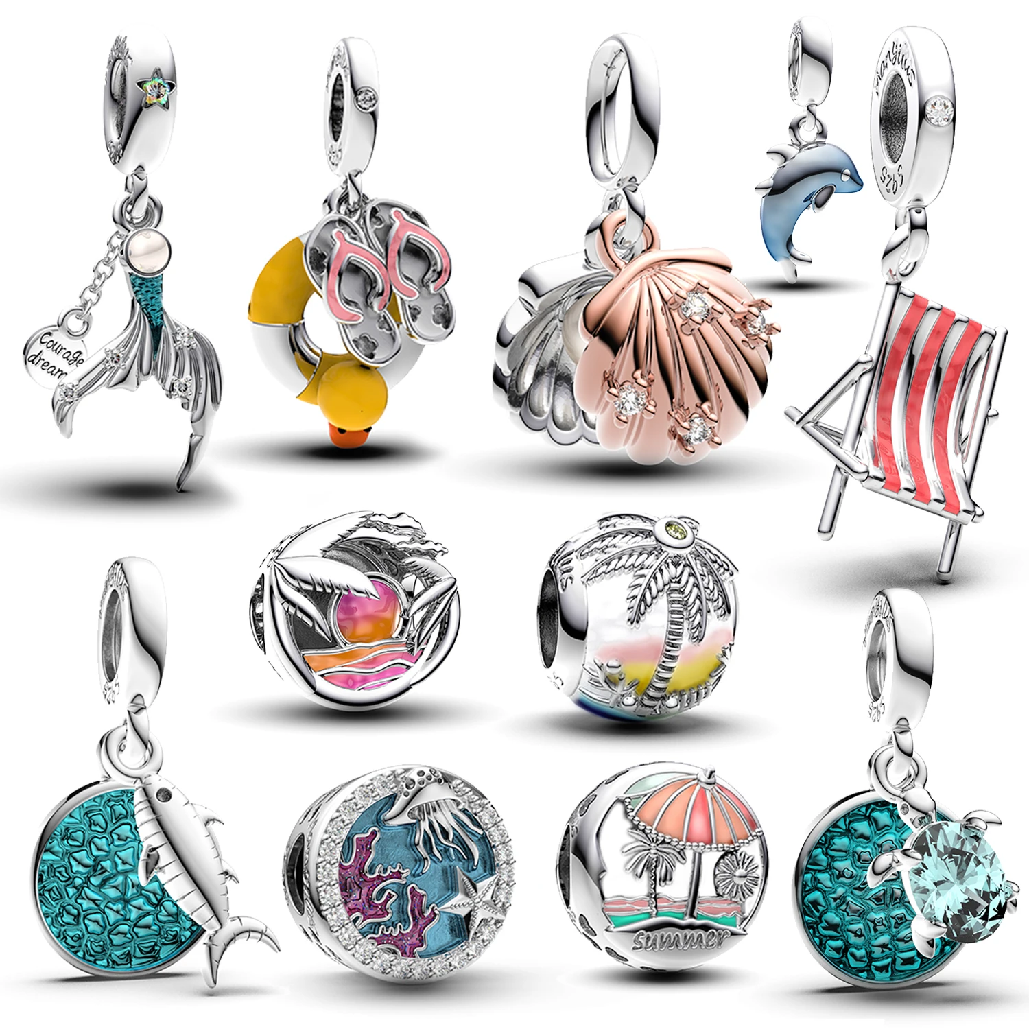 

925 Sterling Silver Beach & Sea Charm Bead & Pendant Enamel Multi Color CZ Fit Original Bracelet & Necklace Vacation Jewelry