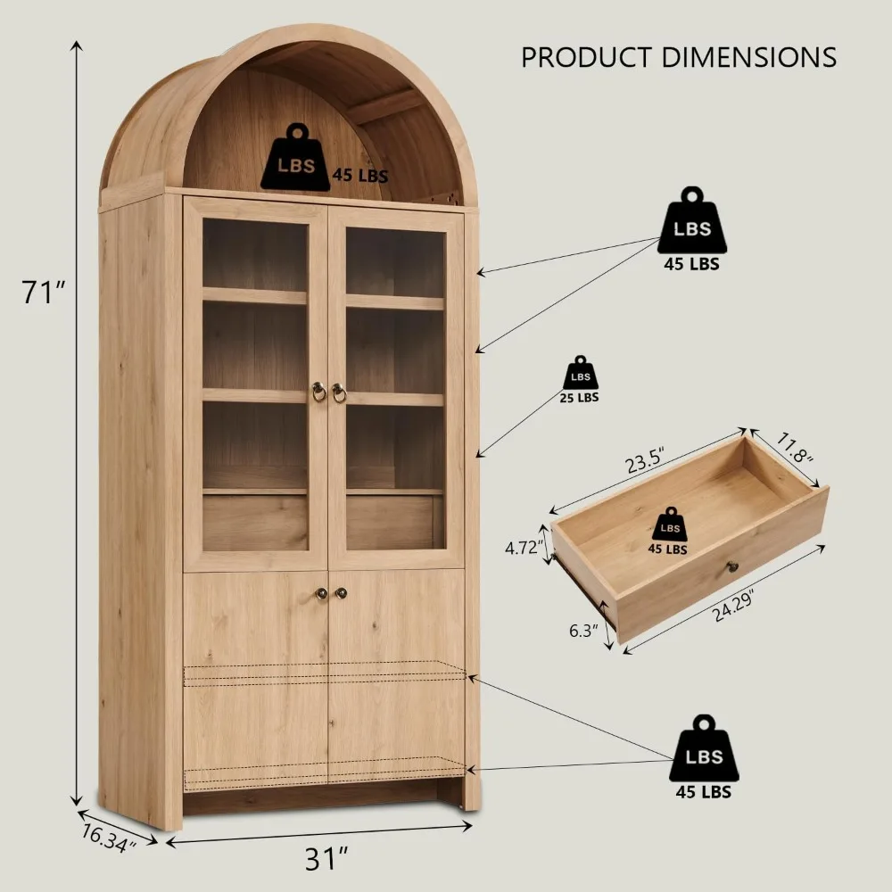 Arched Kitchen Pantry Cabinet, Modern Farmhouse Kitchen Storage Cabinets with Open & Adjustable Shelves, Hidden Drawer