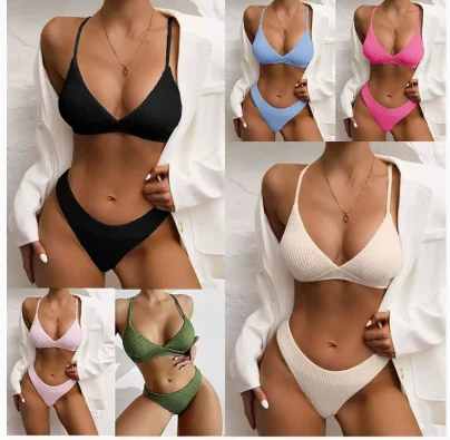 2026 Women's Quick-Dry Swimsuits: High-Waisted Briefs with Split Design & Solid-Color Pit-Strip Bikinis