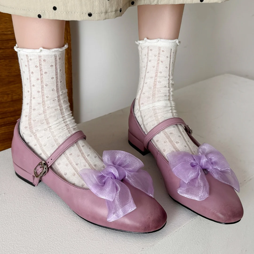 

danxuefei women's cow leather round toe metal buckle sweet bowtie slip-on Mary Jane flats high quality soft comfortable shoes