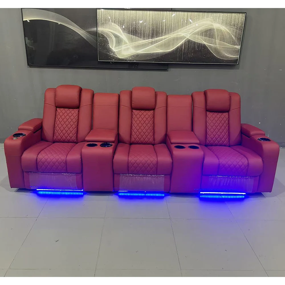 Linlamlim Luxury 3-Seat Recliner Sofa with Cup Holders, Leather Home Theater Seating, Cinema Recliner Couch with Center Console image 6