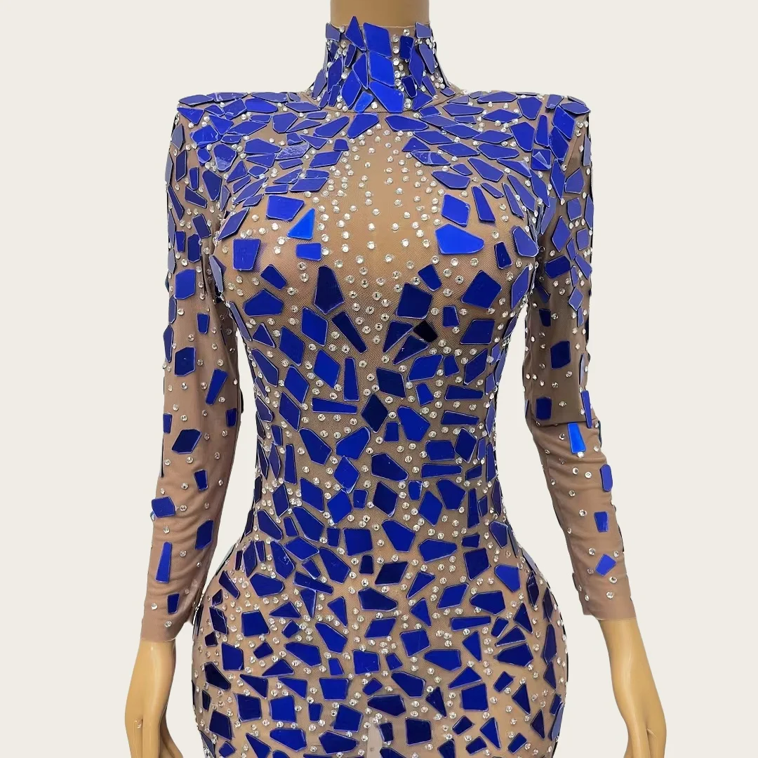 Lanjing Elegant กระจกสีฟ้าชุดราตรีผู้หญิงชุดราตรีชุดราตรีแขนยาวด้านข้าง Slits ชุดยาวพรหม High-end Couture