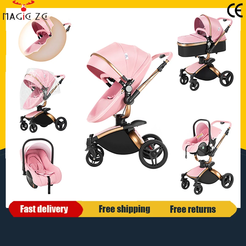 Poussette portable en forme de coquille d'œuf 3 en 1, chariot en cuir PU imperméable, facile à nettoyer, pliable avec siège auto, poussette pour nouveau-né