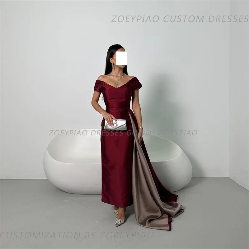 Burgundy Red Satin Prom Gown A Line Off Shoulder floor-length Formal Evening Dresses Gowns Custom Made Abendkleid luxus dubai