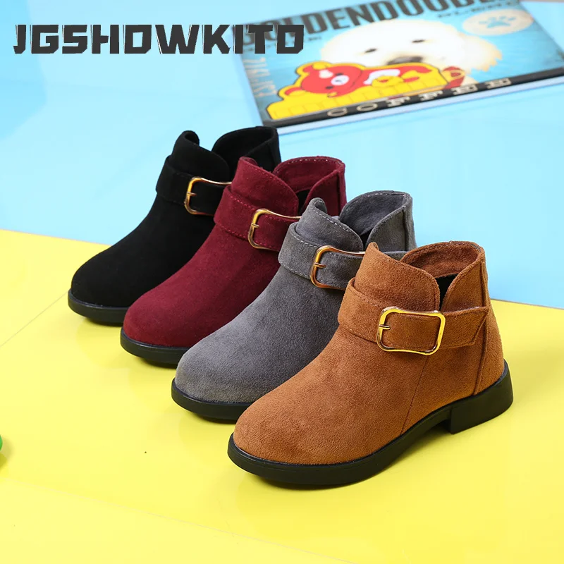 JGSHOWKITO Girls Ankle Boots Autumn Winter Flock Fabric with Zipper Fashion Princess Classic Kids Boots with Buckle Flat Warm