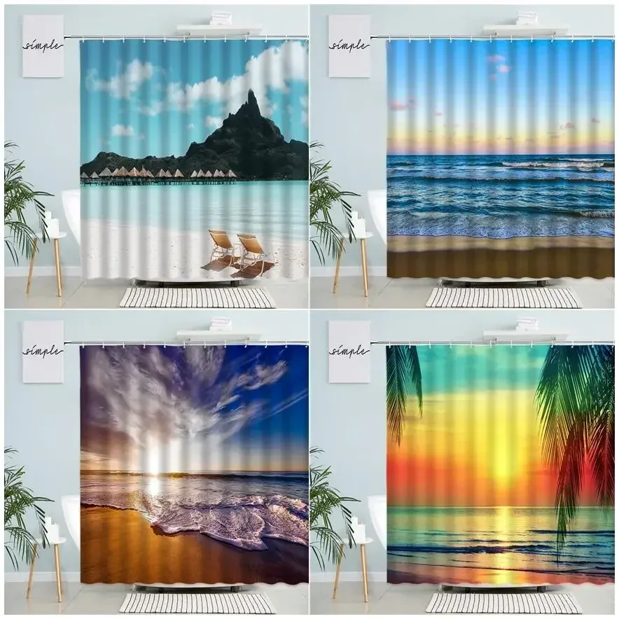 Beach Shower Curtains Tropical Palm Leaves Dusk Ocean Hawaii Vacation Nature Scenery Modern Fabric Home Bathroom Decor Set Hooks