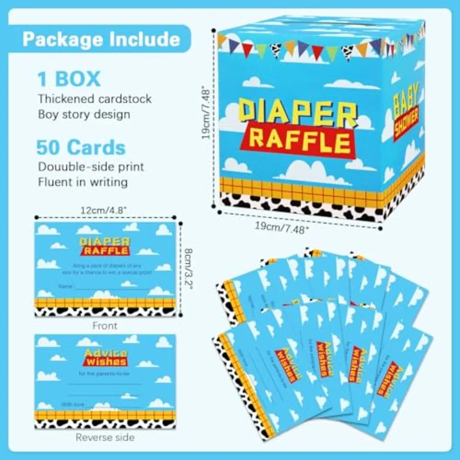 보이 스토리 베이비 샤워 장식 기저귀 추첨 상자 (티켓 카드 50장 포함) - 보이 스토리 베이비 샤워 테마 게임