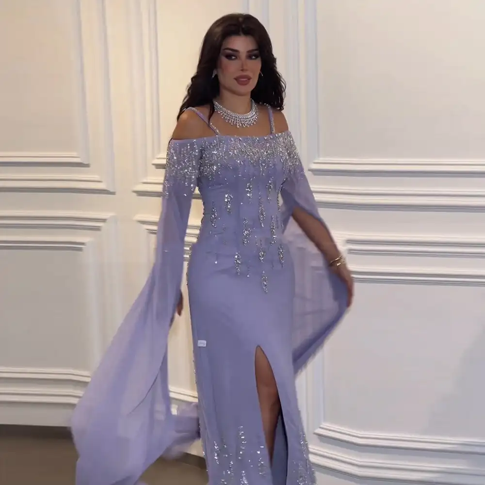 

Customized Arabic Lilac Mermaid Prom Dresses Sleeves High Split Beaded Luxury Evening Dresses for Women Wedding Party Dresses