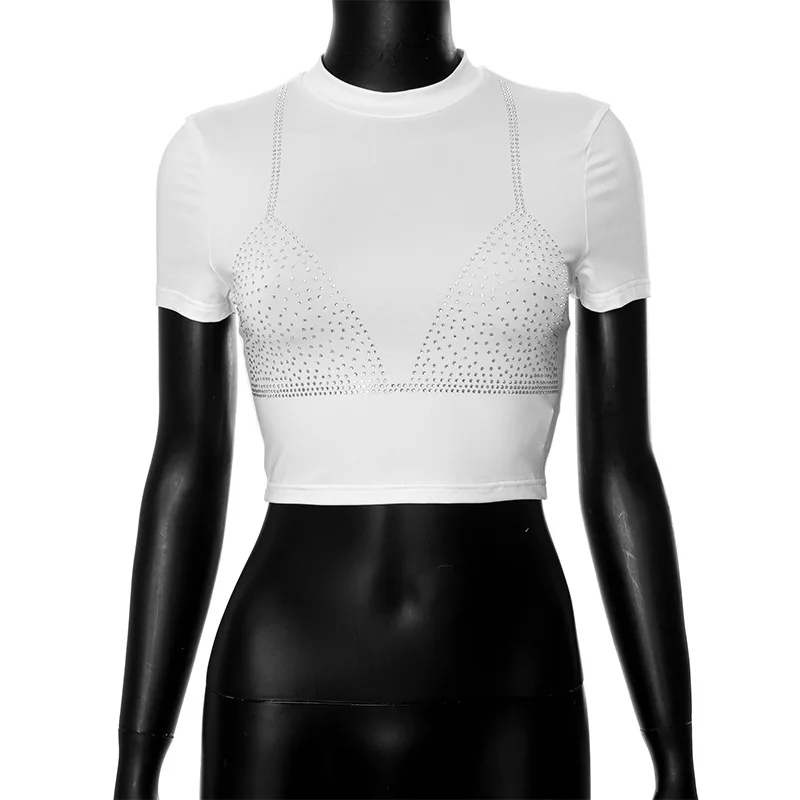 Women Solid White Diamonds Bra Short Sleeve T-shirts Fashion Sexy Bare Midriff Slim Casual Tees All Match Streetwear Crop Tops