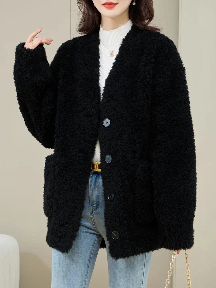 New AYUNSUE Fashion 2024 Sheep Shearing Jacket for Women Autumn Winter Black Lamb Wool Coat Mid-length V Neck Fur Coats Abrigos