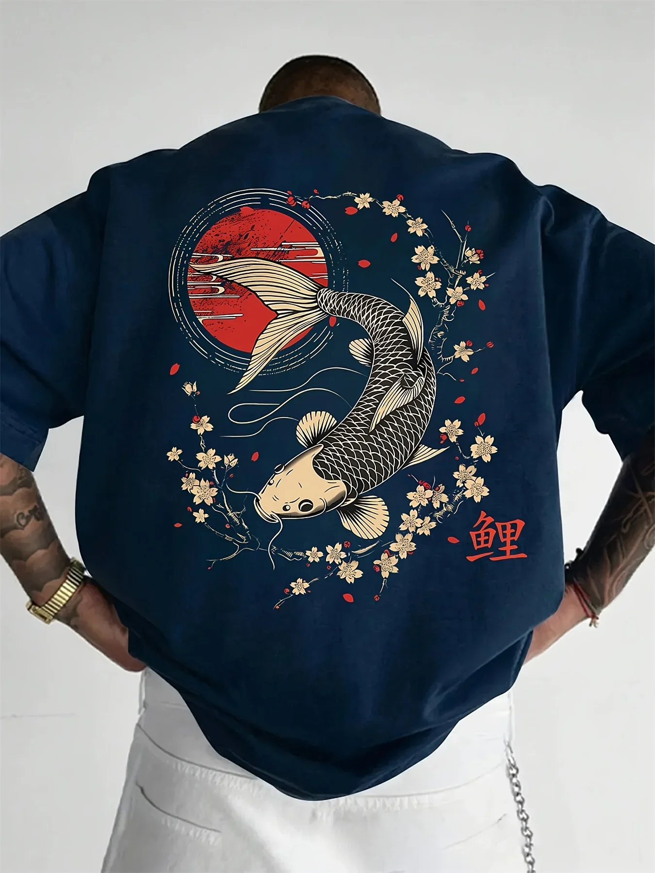 Japanese Koi Fish Men's T-shirt Cherry Blossom Graphic Oversized Cotton Short Sleeve Tops Summer Streetwear