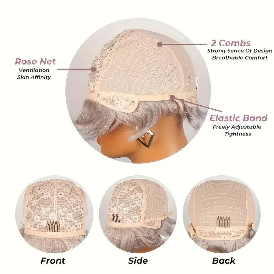 باروكة شعر بشري برازيلي رمادي للنساء - شعر مستعار مصنوع آليًا بالكامل قصير ومستقيم الطبقات، مظهر طبيعي بموجات ناعمة #5