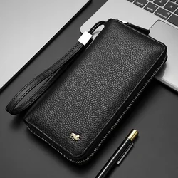 BISON DENIM Genuine Cowskin Leather Long Wallet RFID Blocking Clutch Bag Wallet Card Holder Coin Purse Zipper Male Long Wallets