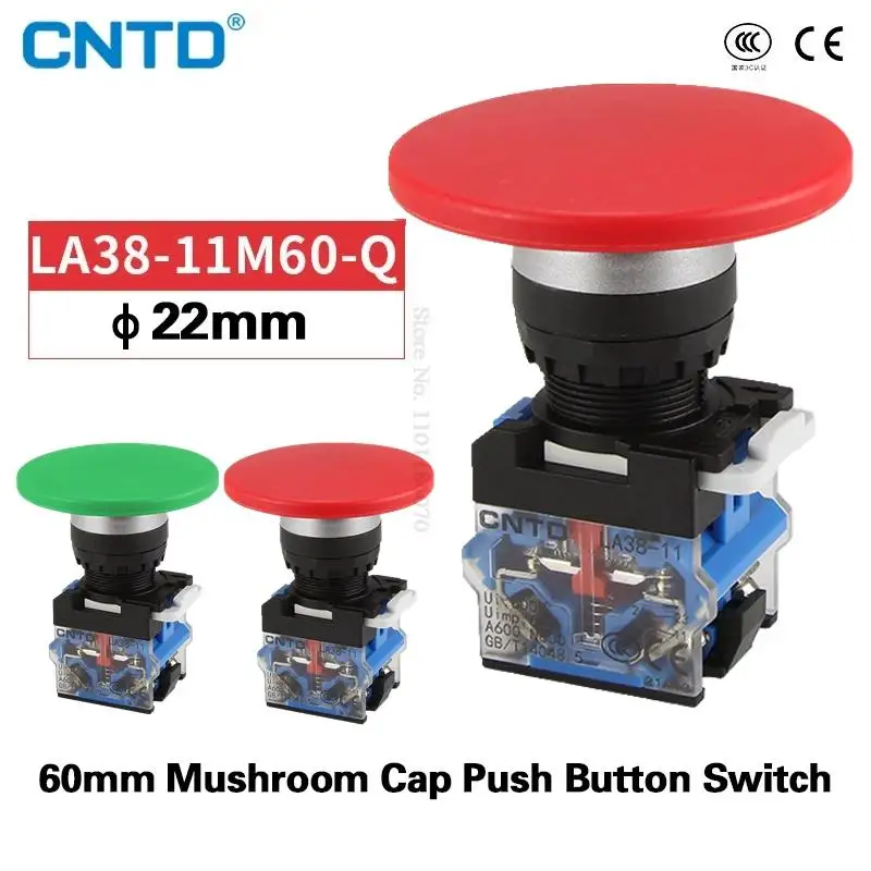 CNTD Momentary Big 60mm Mushroom Cap Push Button Switch Self Reset No Lock Round 1NO1NC Silver Contact Button  22mm LA38-11M/60