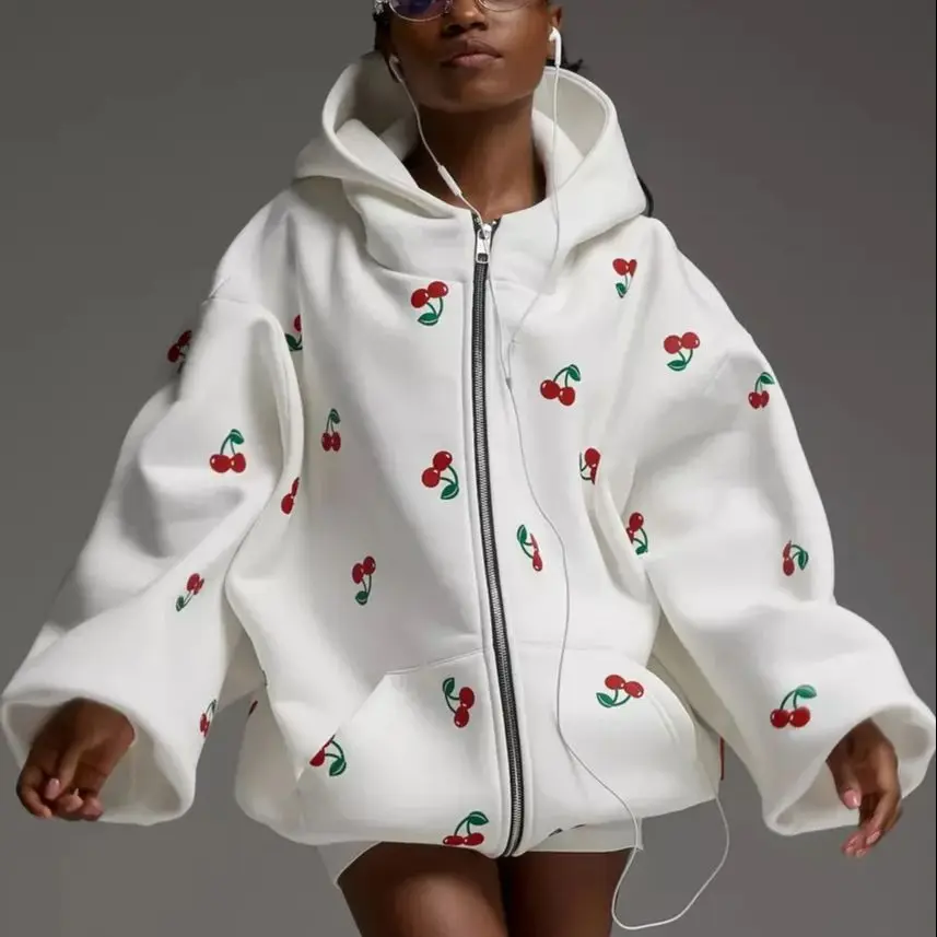 

New Autumn Cherry Pattern Printed Women ZIP-UP Hoodies Loose Fit Outdoor Sport Jacket Coat for girl