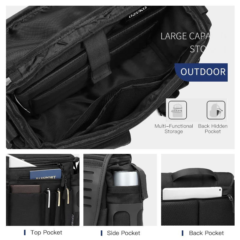 Ozuko bolsa de ombro masculina de alta qualidade, bolsa mensageiro grande, resistente à água, bolsa crossbody para viagem curta ao ar livre