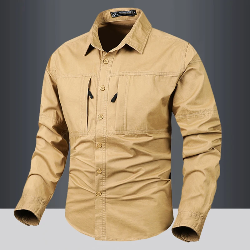 Plus Size Men\'s Tactical Hiking Long Sleeve Shirt Autumn New Outdoor Big Pocket Leisure Lapel Safari Cargo Button Up Shirt Men