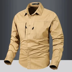 Plus Size Men's Tactical Hiking Long Sleeve Shirt Autumn New Outdoor Big Pocket Leisure Lapel Safari Cargo Button Up Shirt Men