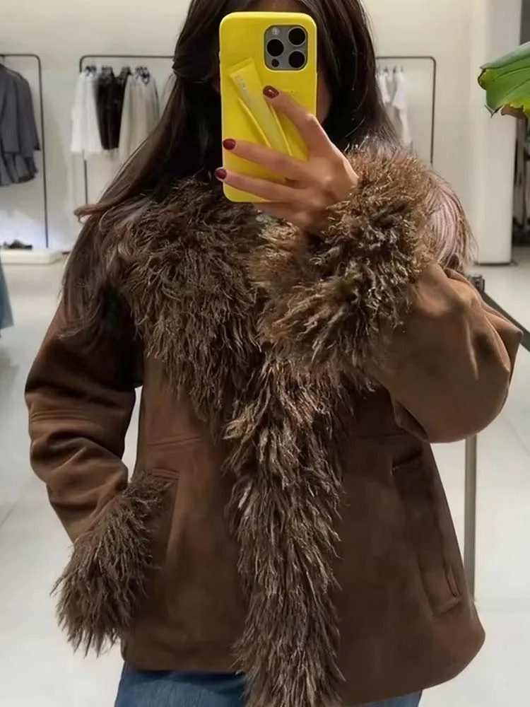 

Женская куртка из искусственного меха, новинка 2024, женская мода, куртки с длинным рукавом и меховым украшением, женские осенне-зимние уличные короткие пальто