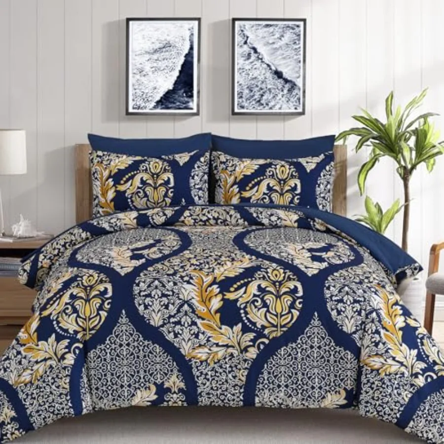 

Navy Blue Gold Comforter Set Queen Size 7 Pieces Bohemian Damask Comforter Set Soft Lightweight Microfiber Bedding Set for All