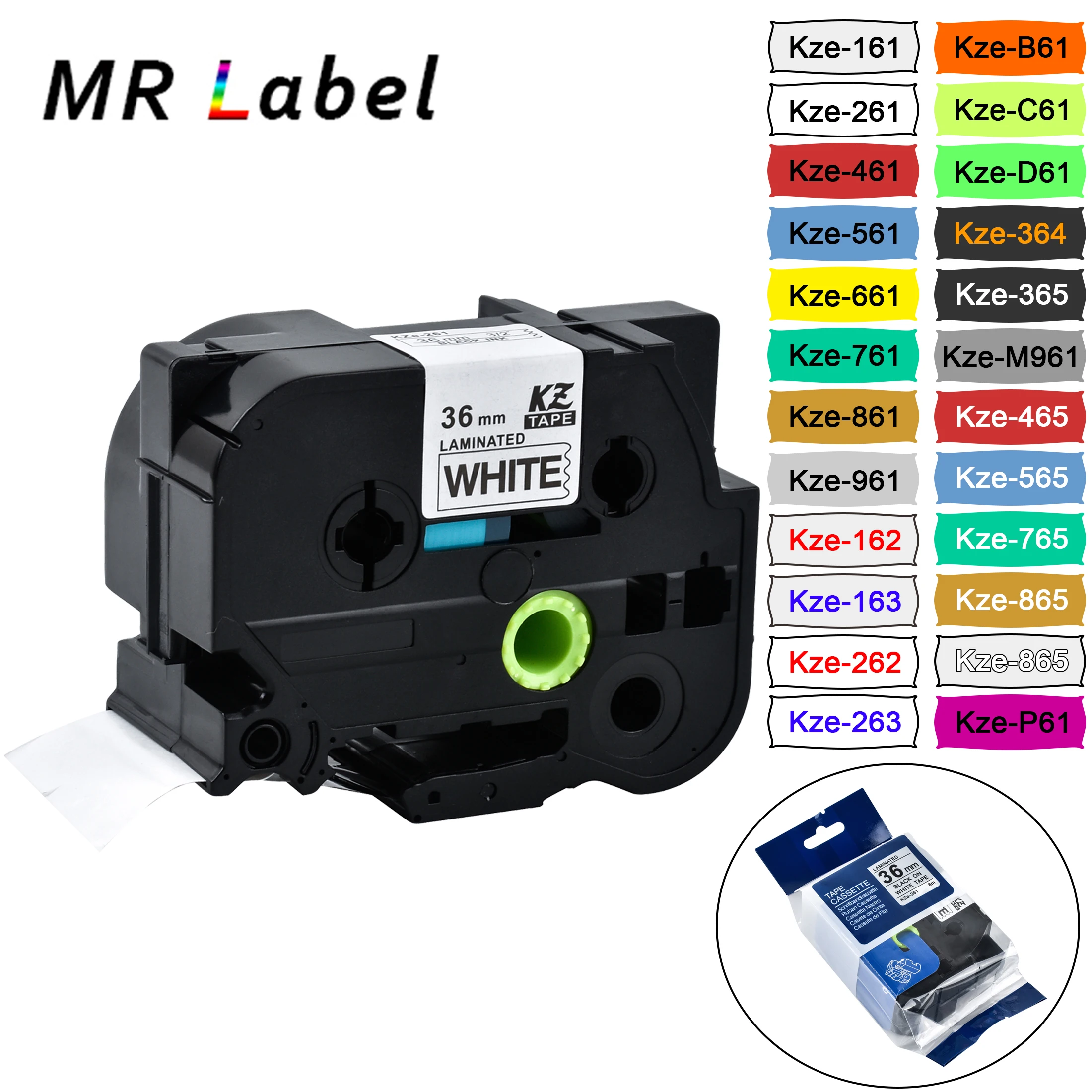 1PCS 36mm black on white tze261 compatible brother p touch printer laminated label tape tze-161 tze661 tz-M961 tze-461