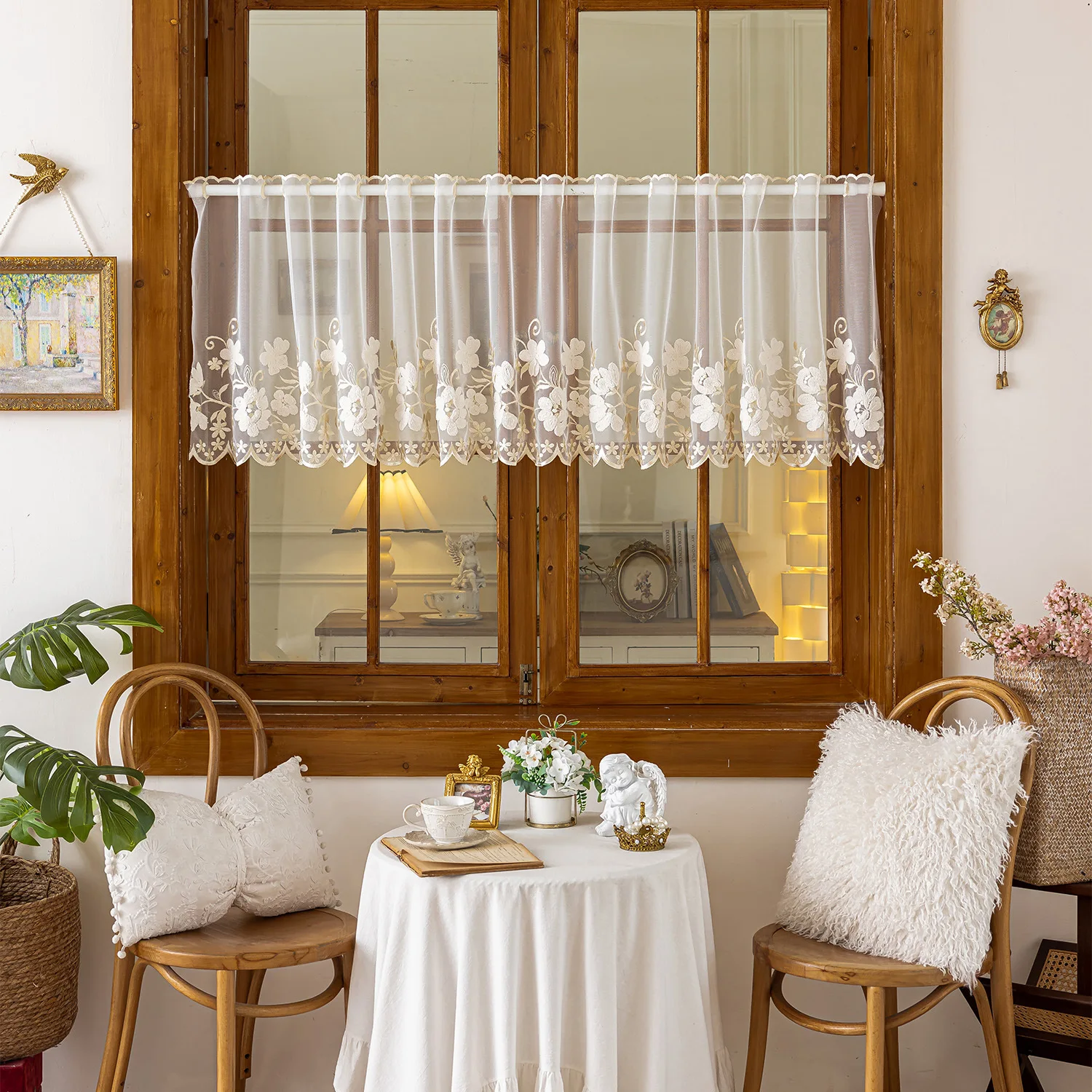 1PC アメリカンスタイルハーフカーテンレース刺繍ウィンドウ - Home Decor Window Blinds のレビューと価格