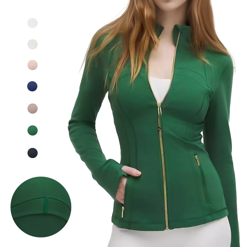 

Женская высокоэластичная куртка для бега с длинным рукавом, спортивная куртка для йоги с золотой молнией и воротником-стойкой, спортивная верхняя одежда