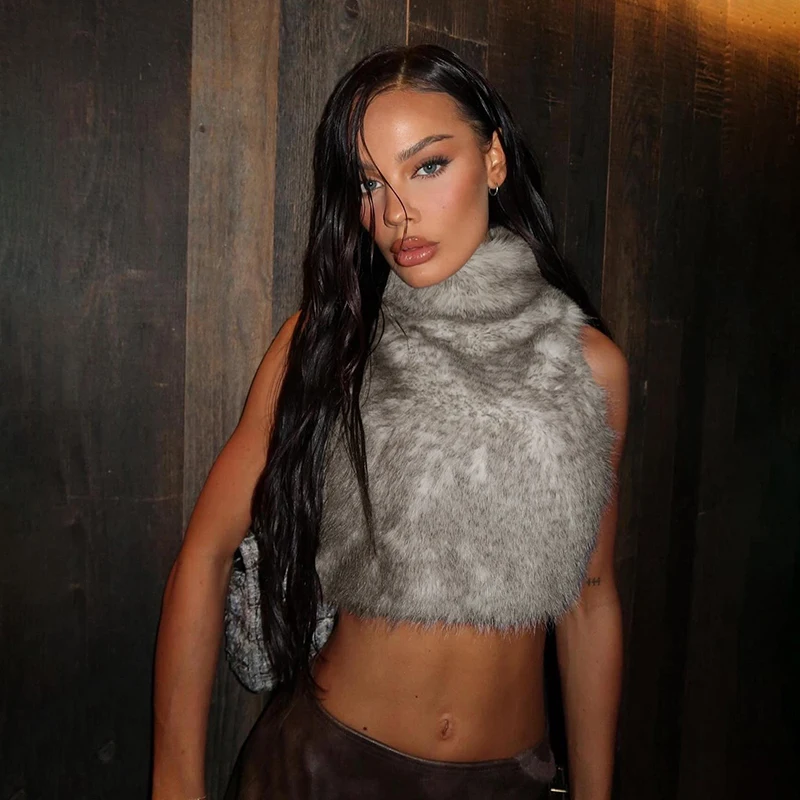 

CUTENOVA женский осенний новый сексуальный однотонный укороченный топ без рукавов с высоким воротом и меховой подкладкой, пуловер на молнии, жилет для горячих девушек