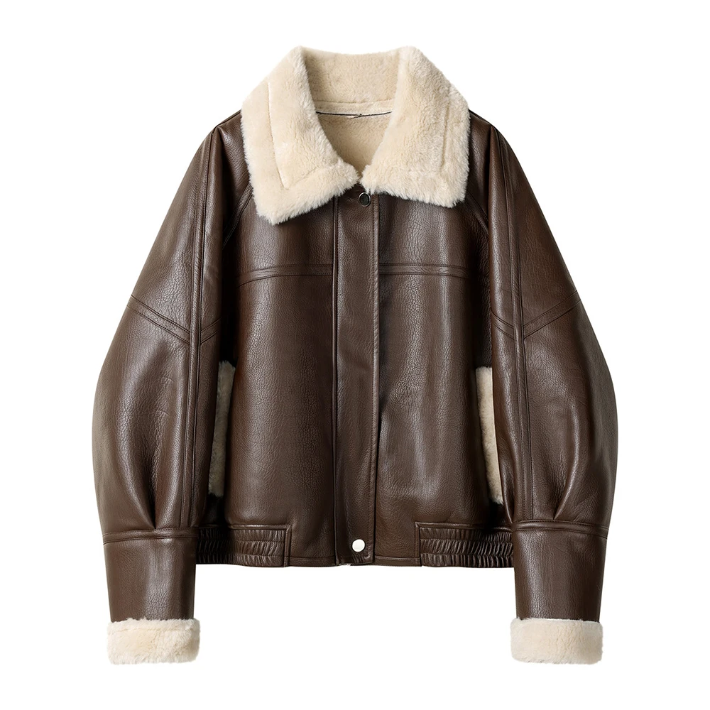 Women Vintage Faux Leather Shearling Jacket Cropped Sherpa Lined Biker Coat Warm Loose Fit Outerwear