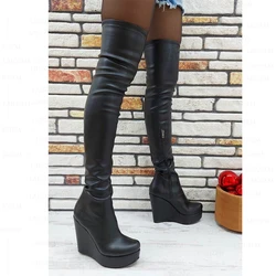 SEIIHEM Women Thigh High Boots Elastic Side Zip Platform Wedges High Heels Thigh High Boots Ladies Shoes Woman Big Size 42 45 52