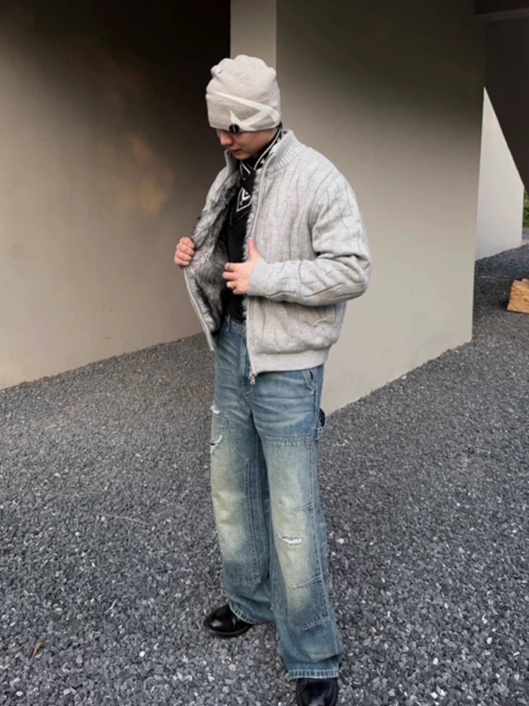 Sweter męski Cleanfit z dzianiny, ocieplany polarem, rozpinany, na jesień i zimę, w stylu lazy, amerykański styl, z motywem orła górskiego J...