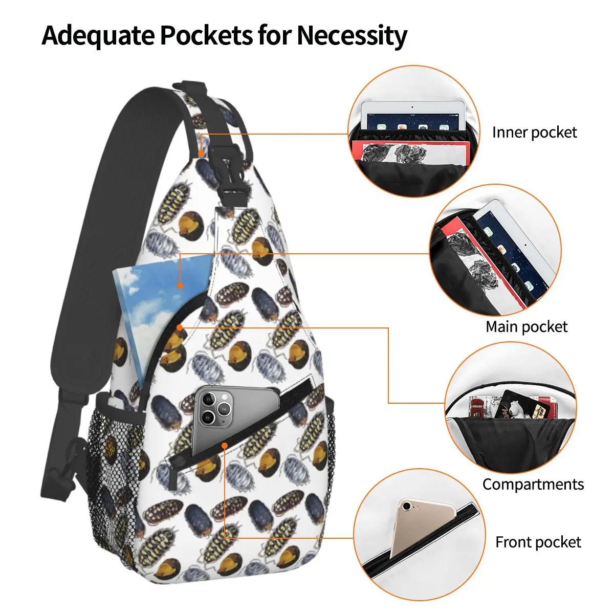 Isopods Insect Animal Pattern Chest Bag Men Sling Crossbody Backpack Chest Bag Travel Hiking Daypack Shoulder Bag