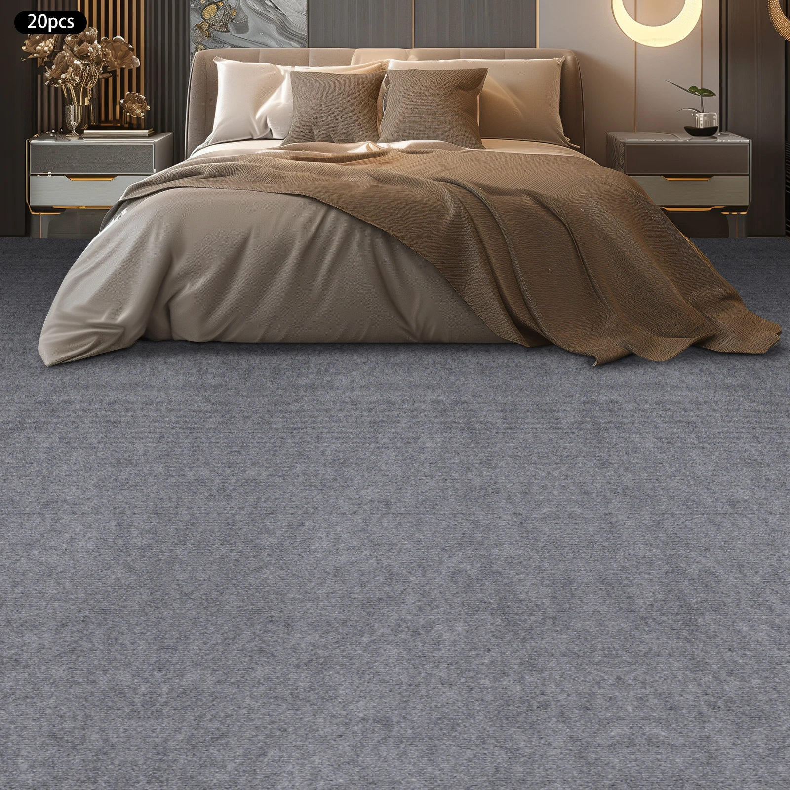 20 stuks 60x60cm polyester vierkant tapijt, lichtgrijs gestreept zelfklevend 4 mm tapijt op de vloer gemonteerd voor restaurants, familiekamers