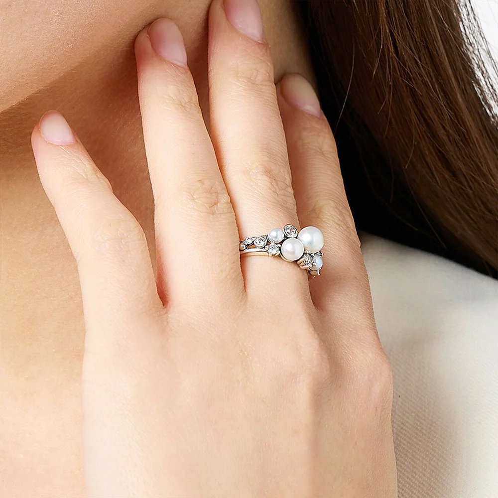 Anillo de perlas de agua dulce con piedras blancas para mujer, joyería fina de estilo europeo, regalo de moda, Plata de Ley 925