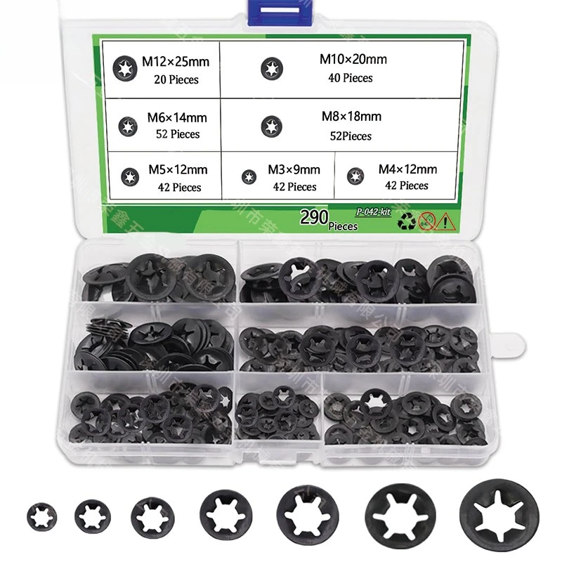 290Pcs Torx Hole Bearing Retaining Rings Assortment Kit, Flower Type Internal Tooth Lock Washers Boxed Fasteners