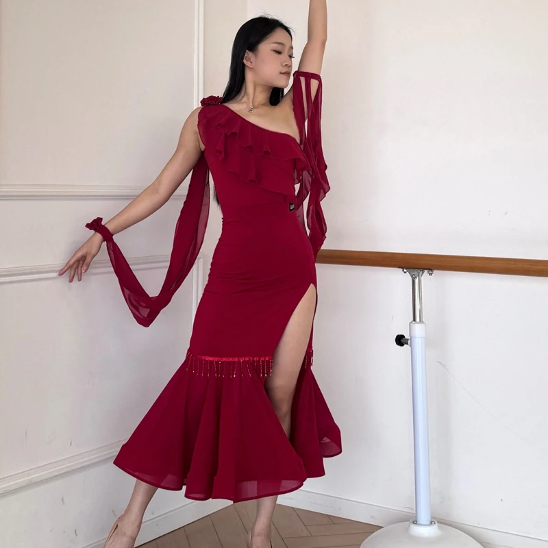 성인 볼룸 댄스 경연 대회 의상 여성 룸바 라틴 댄스 훈련 의류 리본 탑 모던 댄스 스커트 SL12646