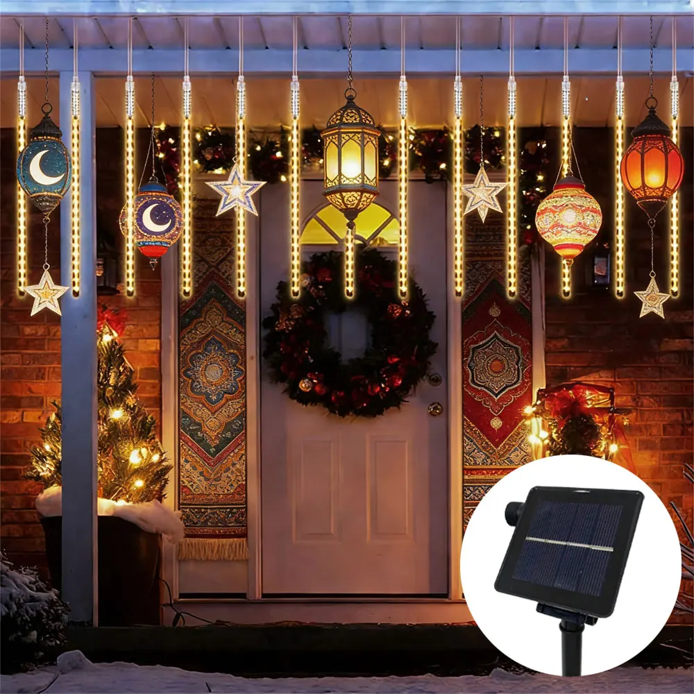 

Светодиодная гирлянда-сосулька на солнечной батарее 30/50 см, имитирующая эффект метеоритного дождя, для Рамадана, подвесная, для окон, карнизов, улицы, патио, свадебного декора