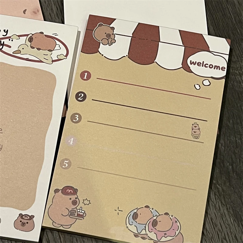 Bloc-notes de dessin animé mignon Capybara A7, papier à message Kawaii, liste de choses à faire des étudiants, notes scolaires, papeterie, ensemble de 4 nettoyage, 50 feuilles