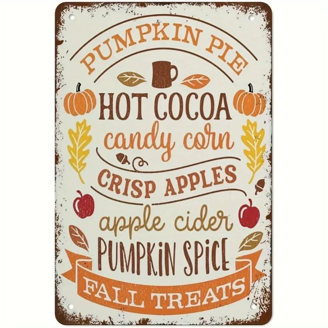 Vintage Fall Treats Metal Tin Sign – Pumpkin Pie, Hot Cocoa & Apple Cider Wall Decor