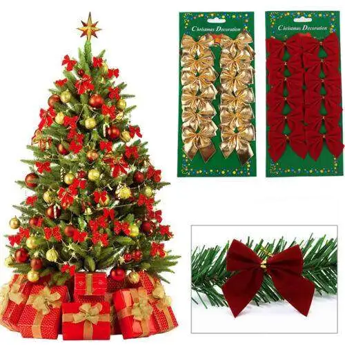 

12Pcs Christmas Bows Tie Decoration Red Green Bow-Knot Merry Christmas Tree Decor Pendant New Year Navidad Christmas Decorations