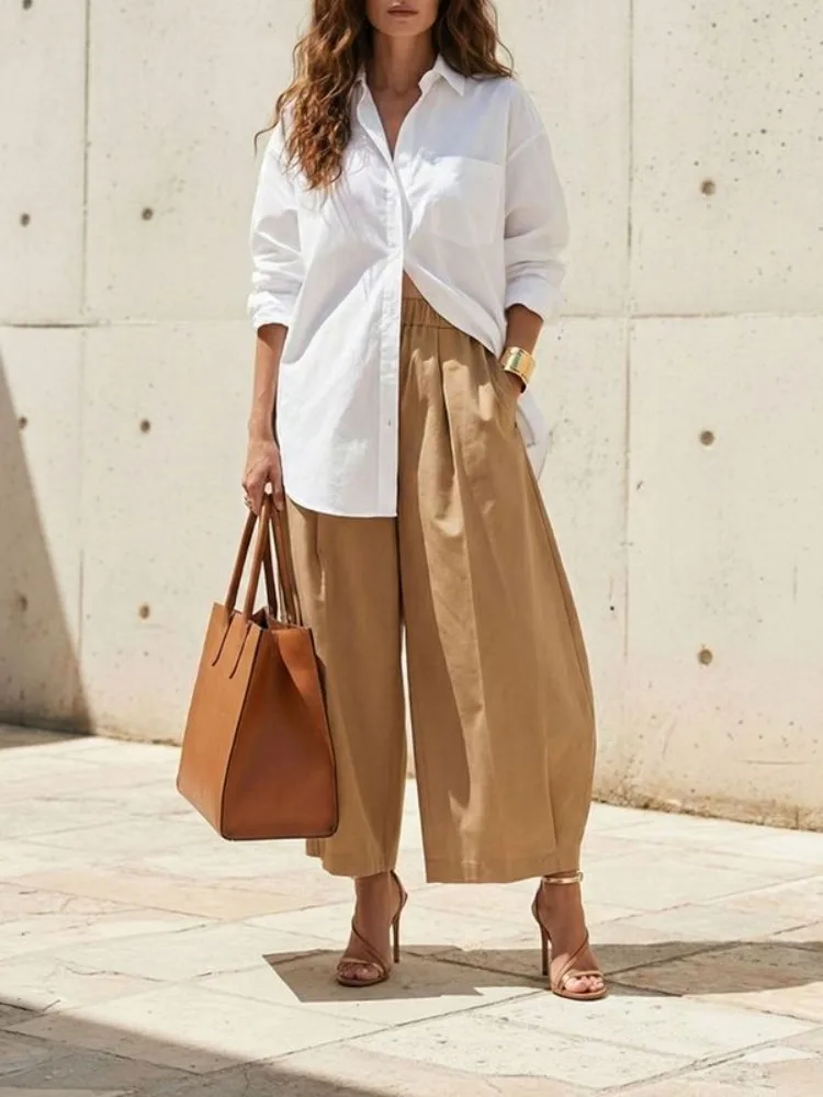 Yeezzi Women Solid Color Wide Leg Culottes Pants Elastic High Waist Pleated Loose Pockets Casual Summer Cropped Trousers Bottoms