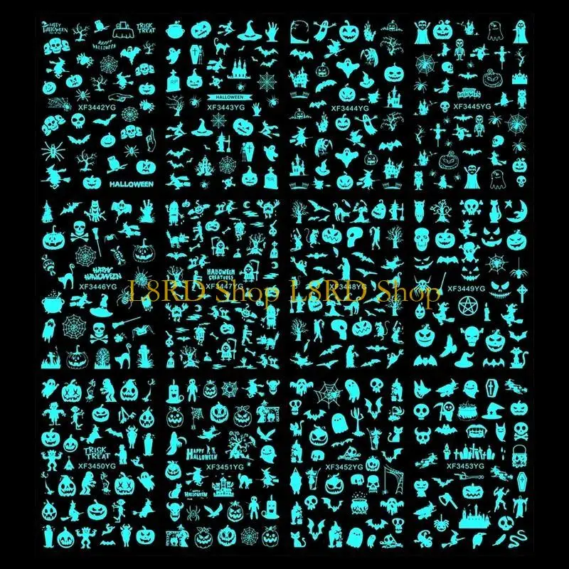 L8RD Adesivo per unghie luminoso Halloween da 12 fogli Adesivi fluorescenti che illuminano buio