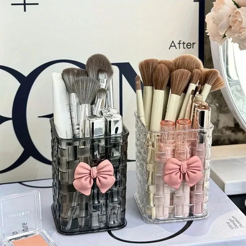 2pcs Transparent Acrylic Eyebrow Brush Storage Box with Bow - Cosmetic Organizer, Stationery Storage Box, Pen Holder and Case