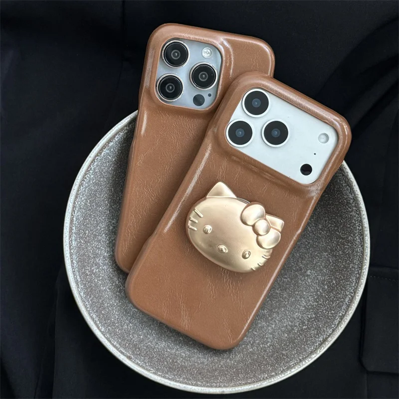 حافظة هاتف جلدية بنية عصرية لهاتف آيفون 17 برو 16 15 14 برو ماكس مع حامل هلوكيتي ذهبي حافظات حماية لطيفة فوندا #2
