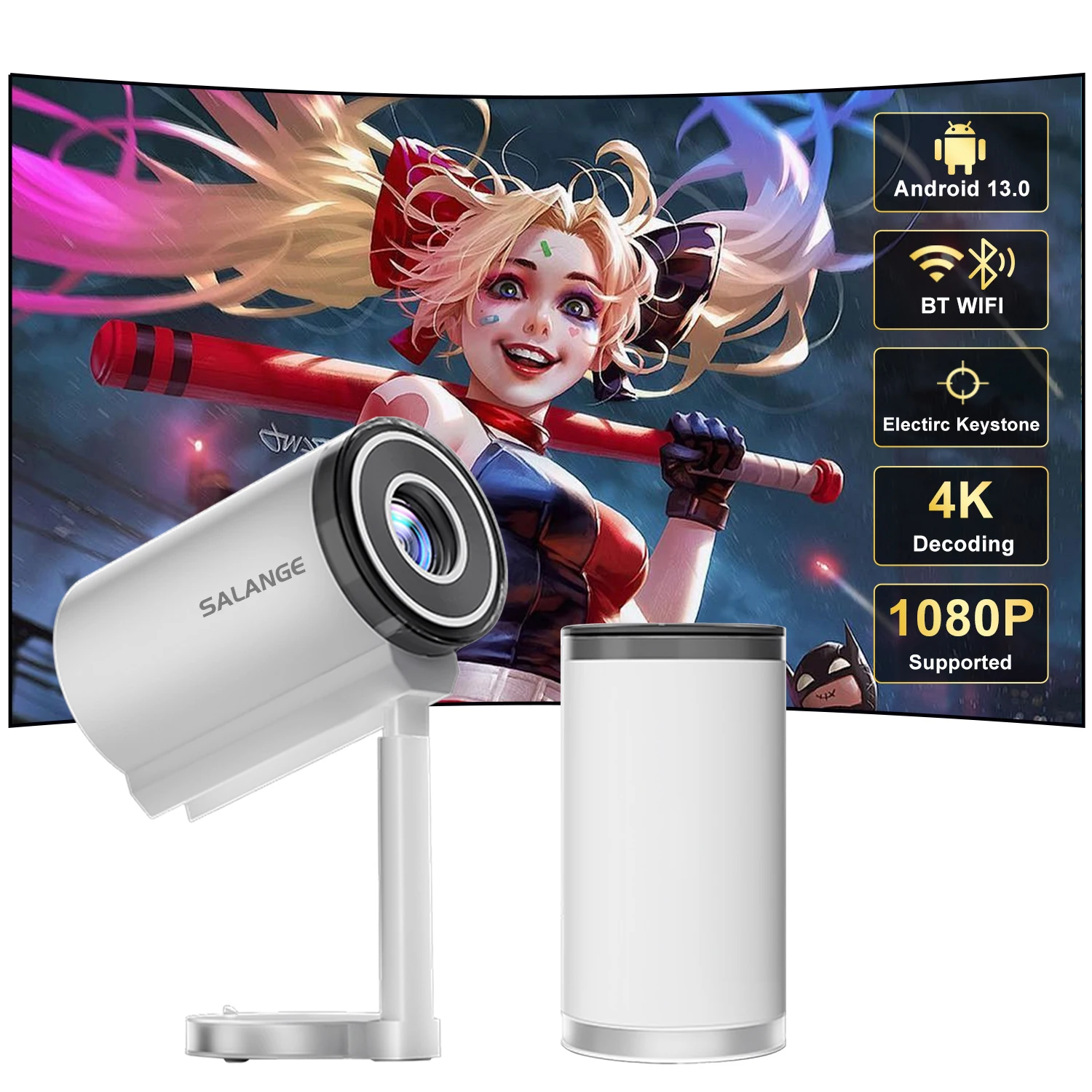 

Salange Mini Projector 4K 1080P Support Native 720P Video Player Android 13 WiFi Bluetooth Ceiling Projection Adjustable Stand