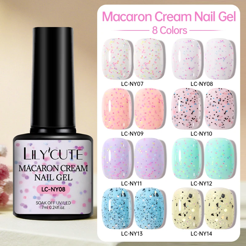 LILYCUTE 7ml Macaron Creme Nagel-Gel-Lack Frühling Sommer Glänzende Pailletten Nagelkunst Lack UV LED Abziehbarer Nagellack Maniküre-Zubehör