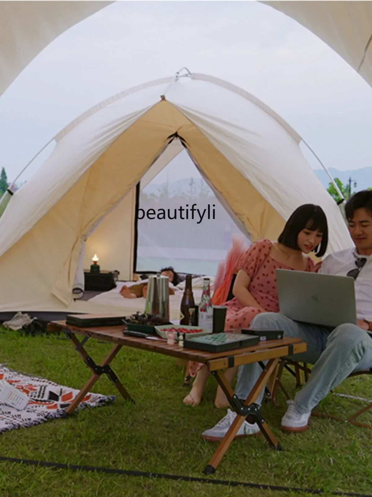 Tenda Luar Ruangan Anti Hujan Kain Katun untuk Berkemah Portabel Pelindung Matahari Tambahan