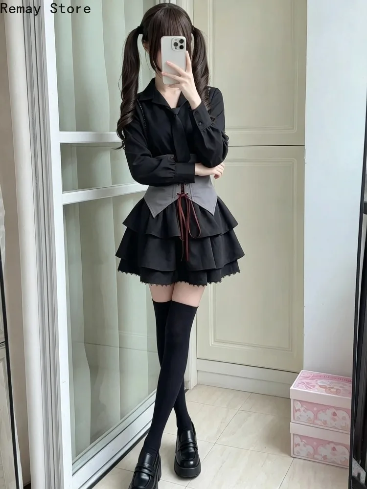 Autumn Winter Gothic Dark Japanese Y2k Design Women's 2 Piece Set Chic Sweet Slim Fit Court Vintage Subcultural Elegant Outfits