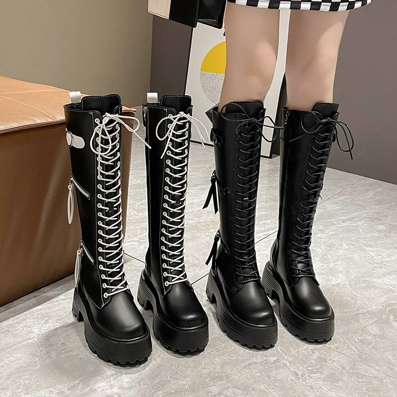 NEW Women Platform Knee High Boots Winter Warm Plush Long Boots Leather Motorcycle Boots Lace-up Chunky Sneakers 8CM High Heels