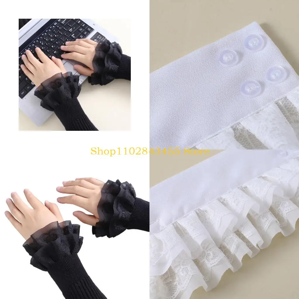 49MC Literary Women Sweet Fake Sleeves Double Layer Lace Detachable Flared Cuffs Sweater Decorative Wrist Warmers